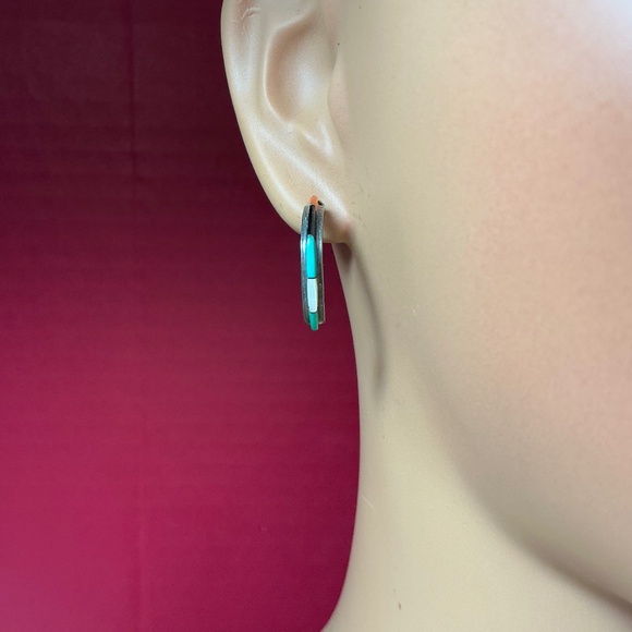 Jewelry - Native American Style Sterling Silver Half Hoop Earrings W/ Turquoise & Coral